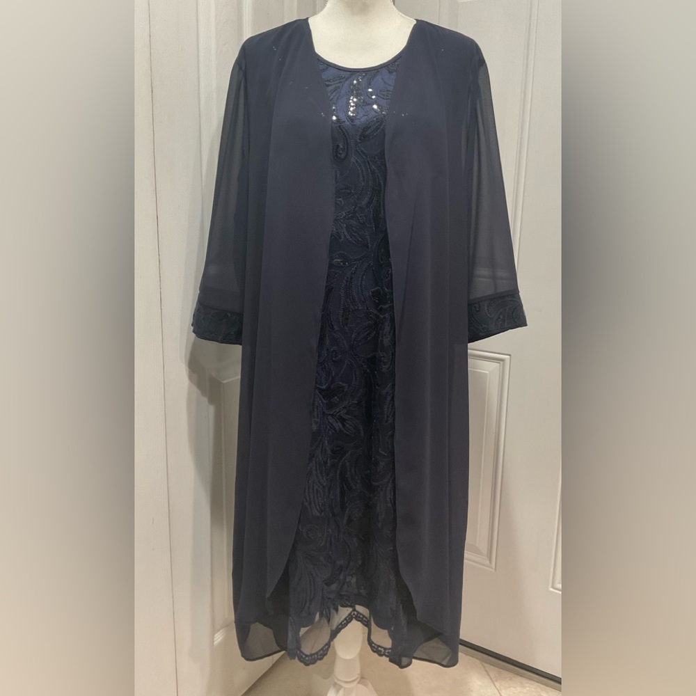 🍏NWT Women’s Navy Two Piece MIDI Lace/Sequins Jacket Dress, Size XL